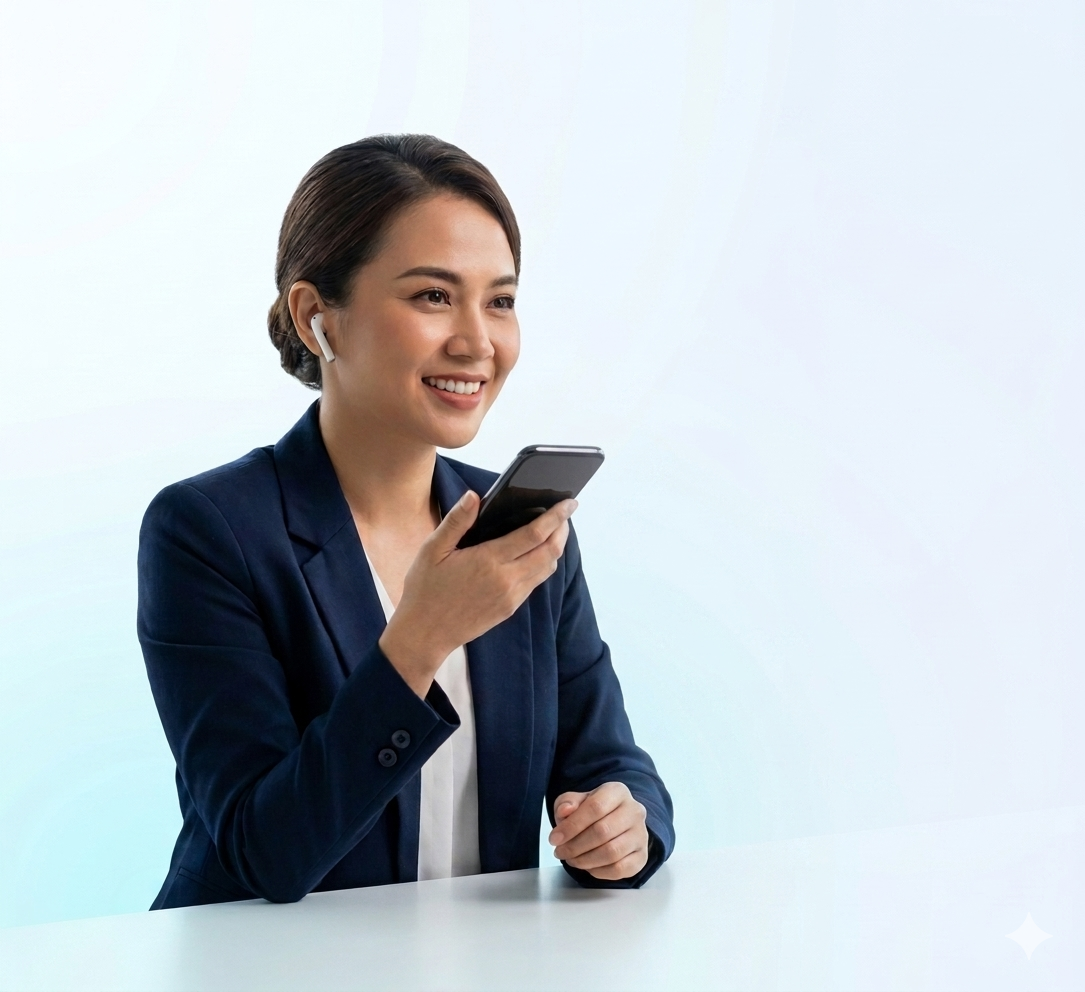 Profesional wanita berlatih public speaking dengan earphone dan smartphone